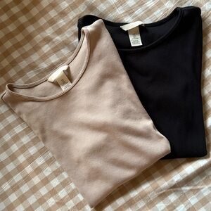 LIKE NEW H&M Pair of Cream/Black Cotton Ribbed Slim Fit Crew Neck Shirts